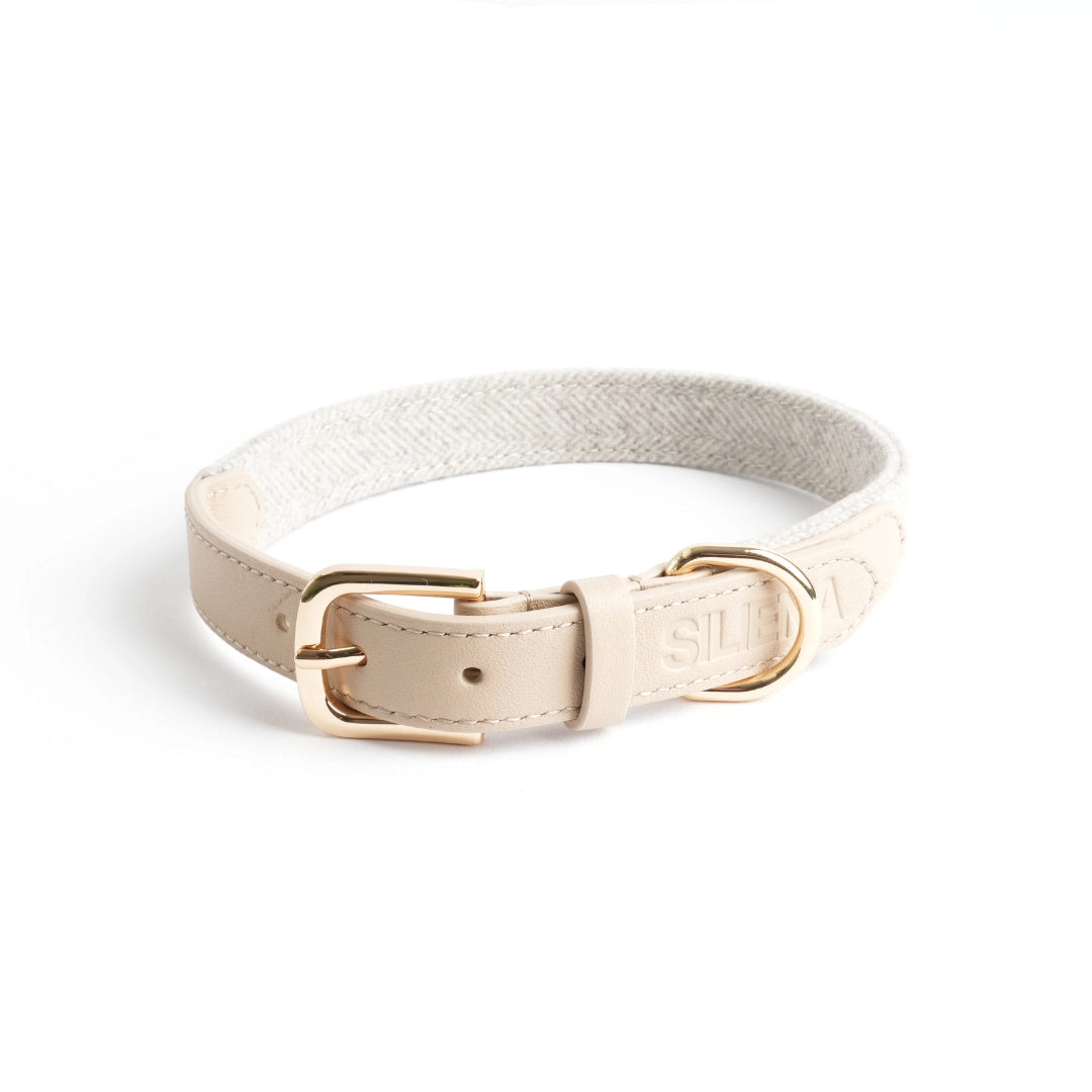 Beiges Hundehalsband von SILENA mit goldener Metallschnalle, Echtleder und weichem Textilanteil Produktansicht schräg