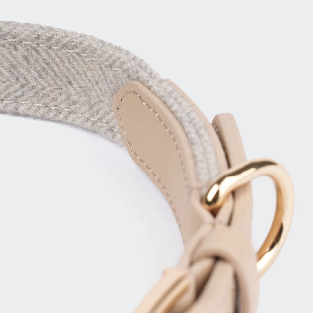Detailaufnahme Hundehalsband Light Beige mit goldener D-Ring Hardware und weicher Stoffinnenseite