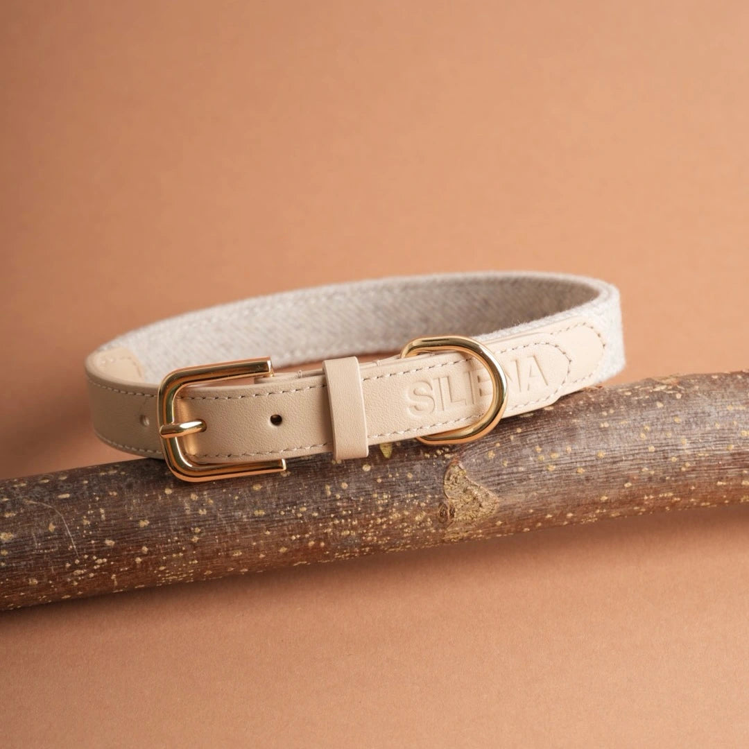 Elegantes Hundehalsband in Beige mit goldener Schnalle aus Leder und Stoff, auf einem Ast platziert.