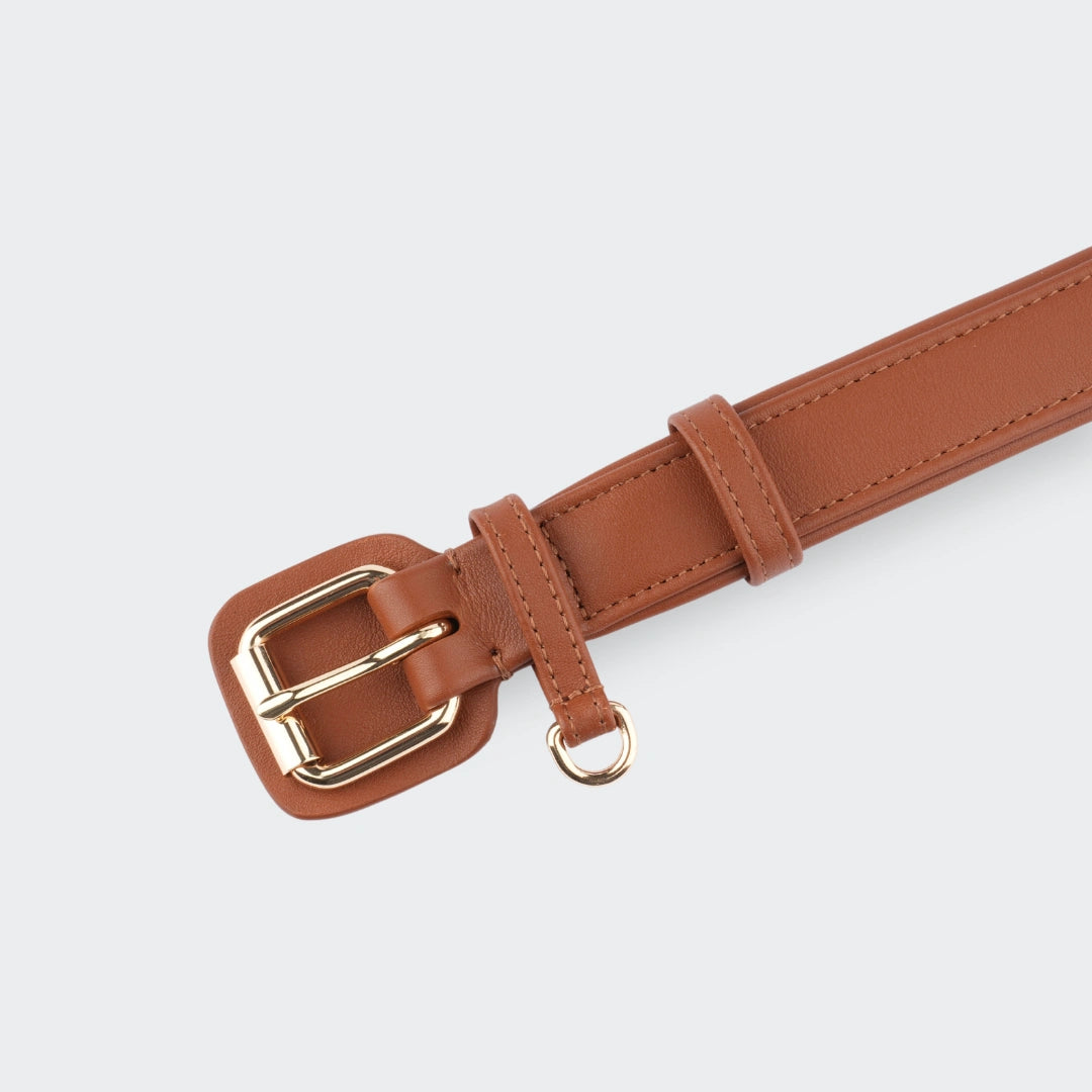 Braunes Siliena Hundehalsband aus Leder mit goldener Schnalle – Nahaufnahme der Schnalle.