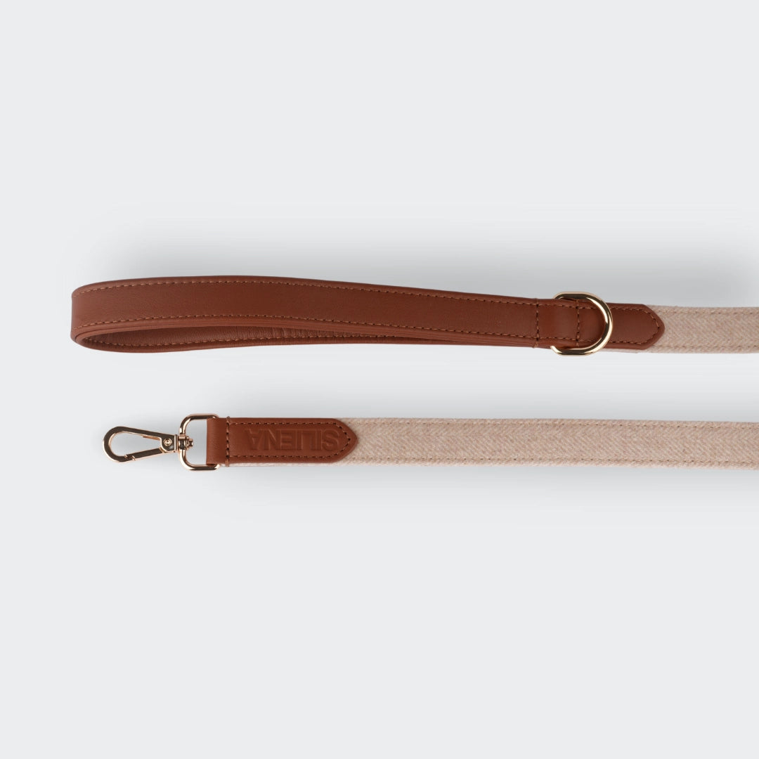 Hundeleine mit Handschlaufe, gefertigt aus beigefarbenem Stoff und hellbraunem Echtleder, mit goldener Hardware und D-Ring.
