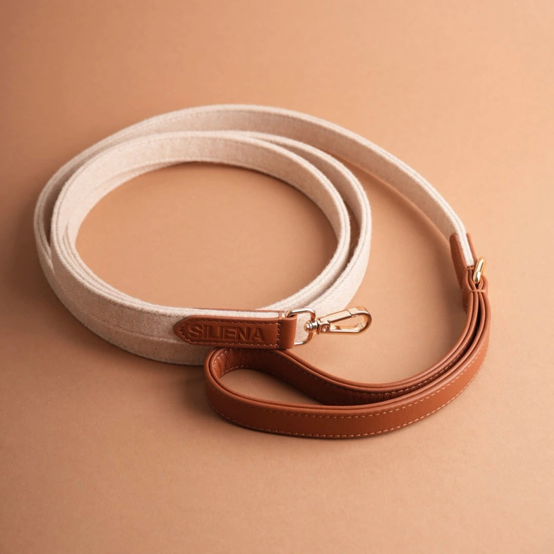 Hochwertige Hundeleine in Beige mit braunem Ledergriff und goldener Befestigungsschlaufe, auf beigem Untergrund.