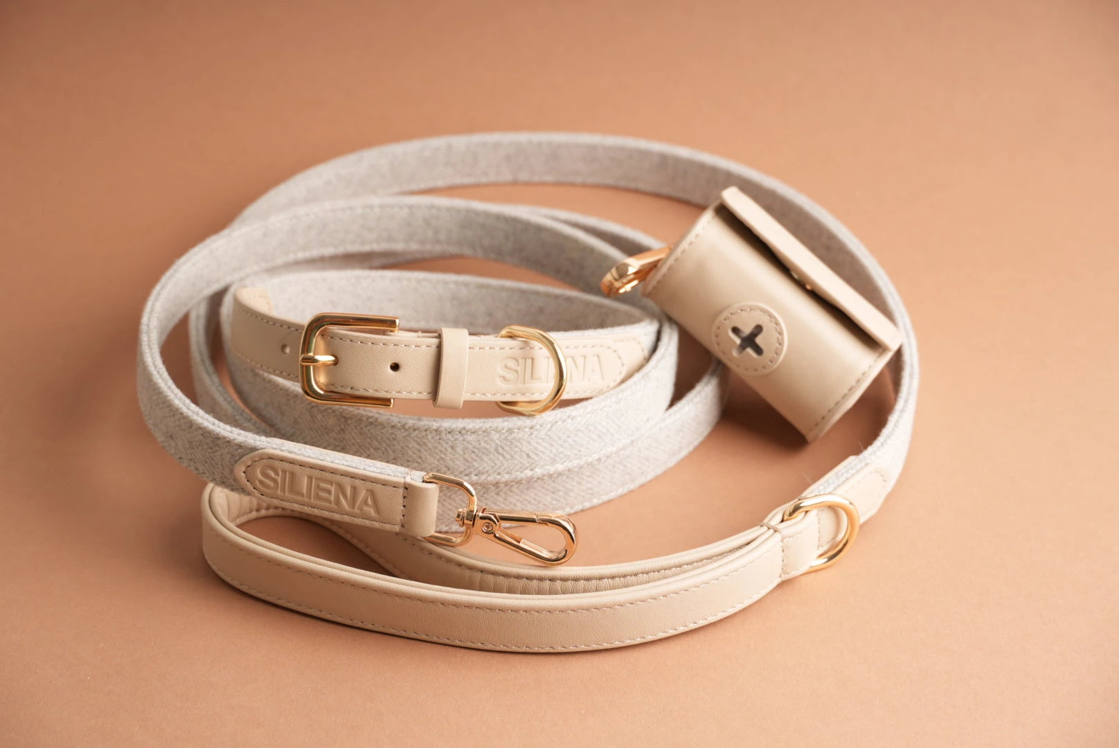 Beiges Siliena Light Set: Hundehalsband, Hundeleine und Kotbeutelspender