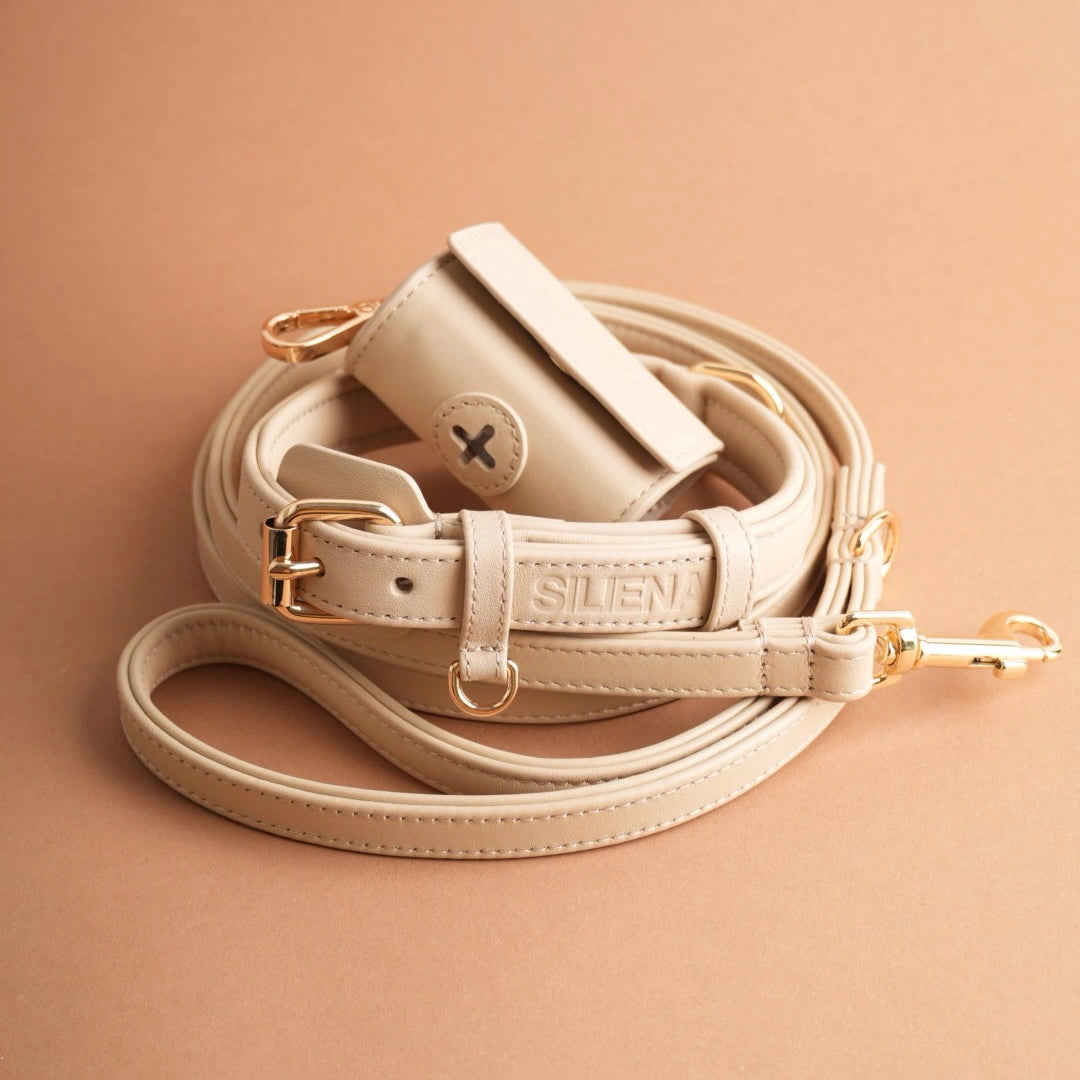 Exklusives Hundeset in Beige aus Leine, Halsband und Kotbeutelspender mit goldenen Akzenten.
