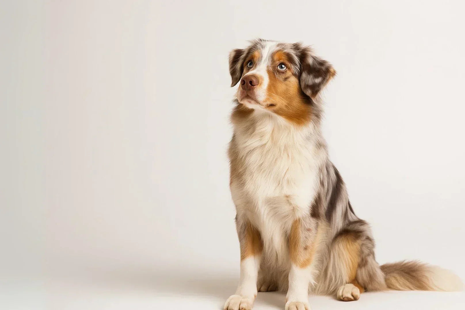 Sitzender Australian Shepherd mit Merle-Färbung blickt aufmerksam zur Seite vor neutralem Hintergrund