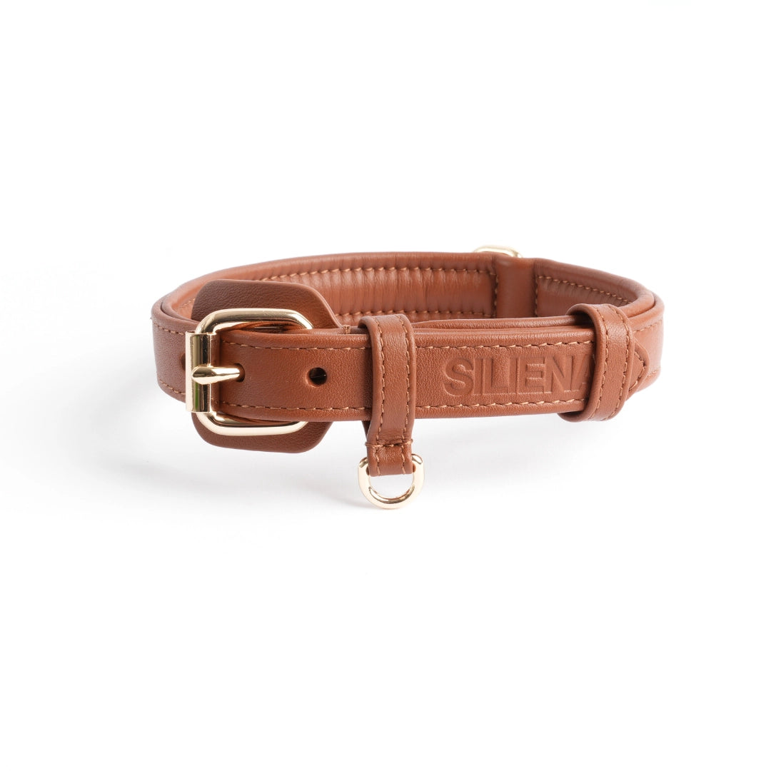 Hundehalsband aus braunem Echtleder mit goldener Schnalle und gepolstertem Innenfutter.