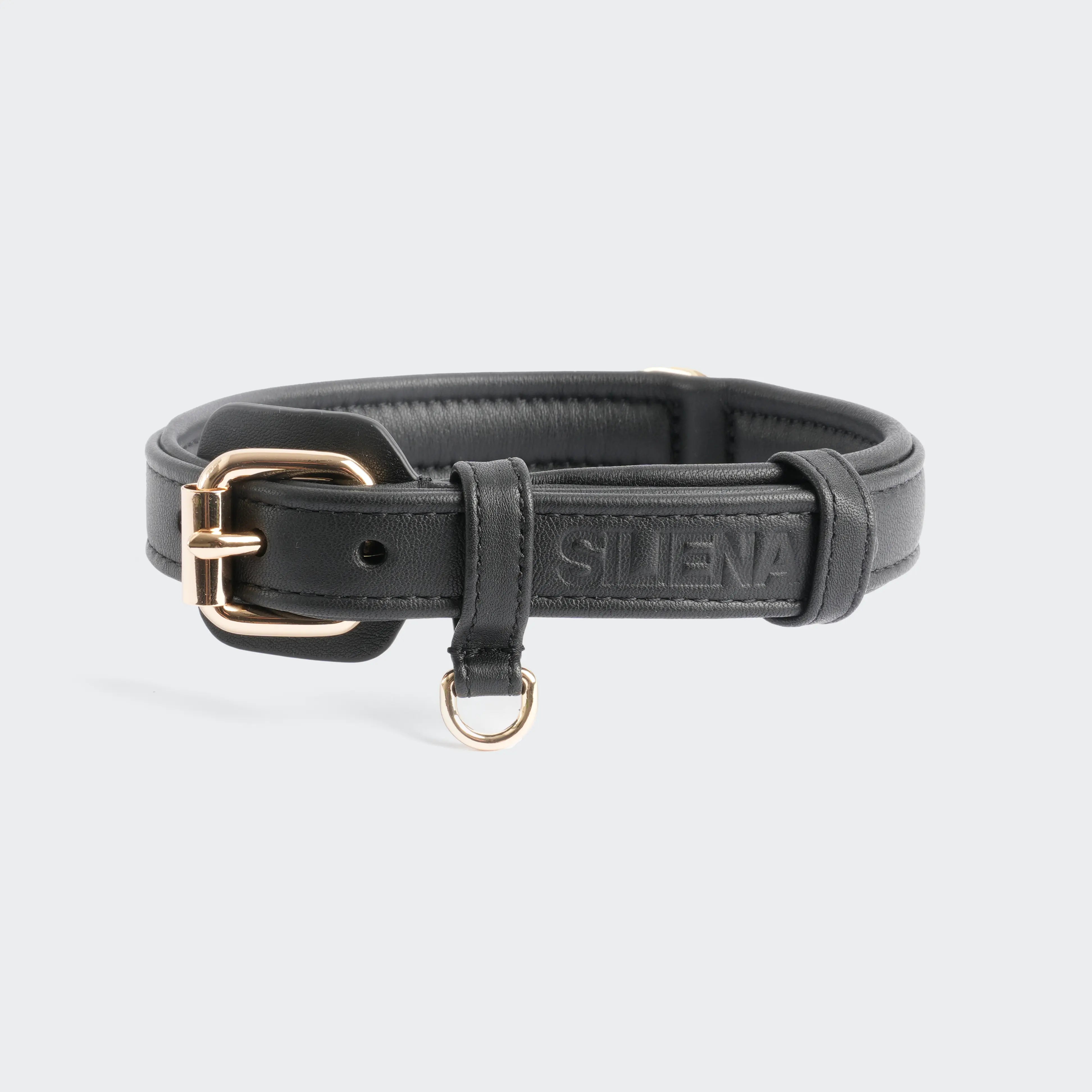 Schwarzes Hundehalsband aus echtem Rindsleder mit goldener Metallschnalle, geprägtem SILENA-Logo und stabilem D-Ring – luxuriöses Design für stilvolle Hunde.