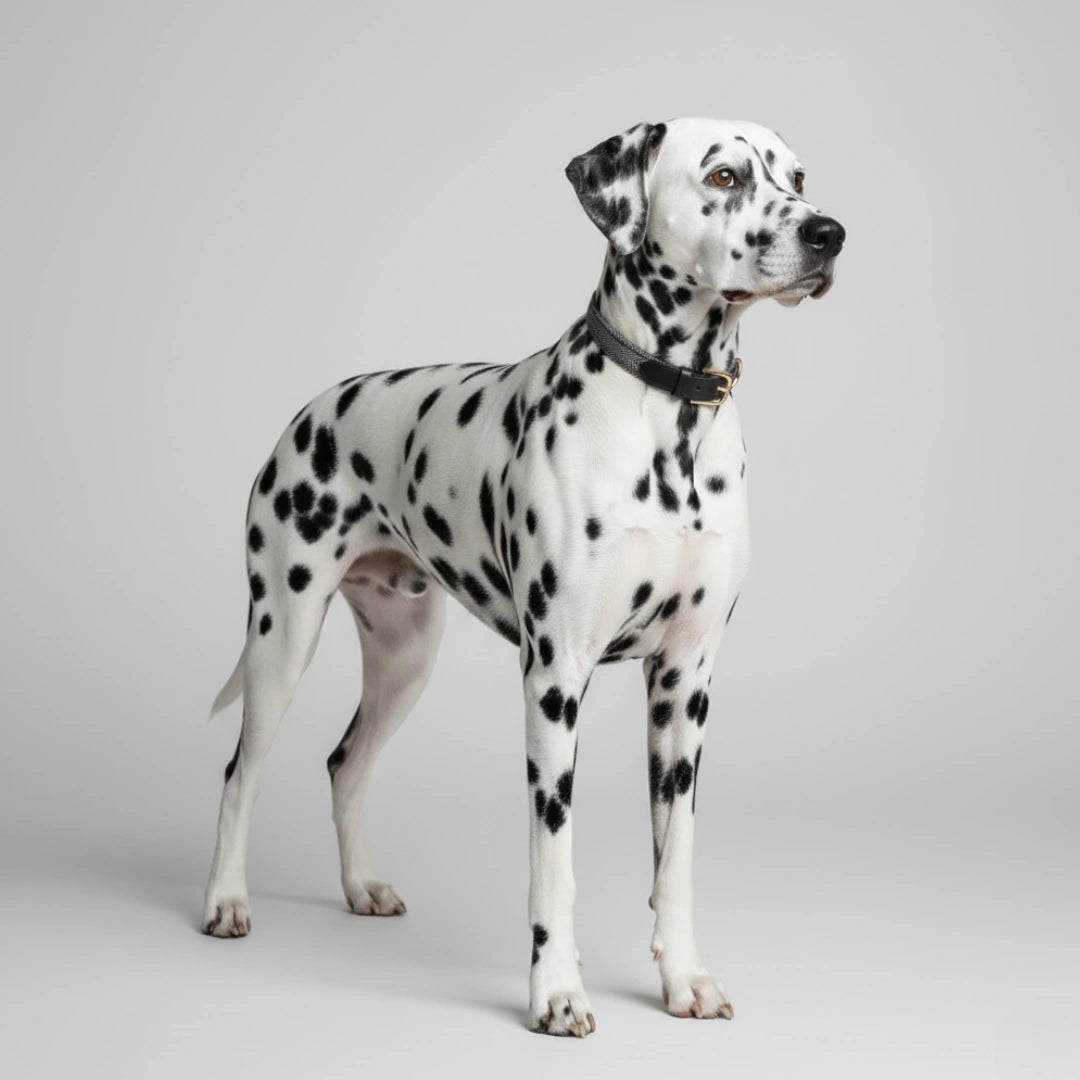 Dalmatiner in einem Studio, der das Siliena Light Halsband trägt, in Ganzkörperansicht