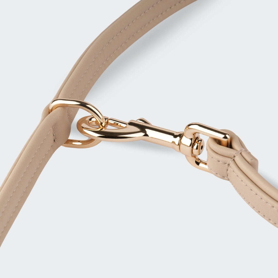 Detail der beigen Hundeleine aus Leder mit goldfarbenem Karabiner und stabilem D-Ring.