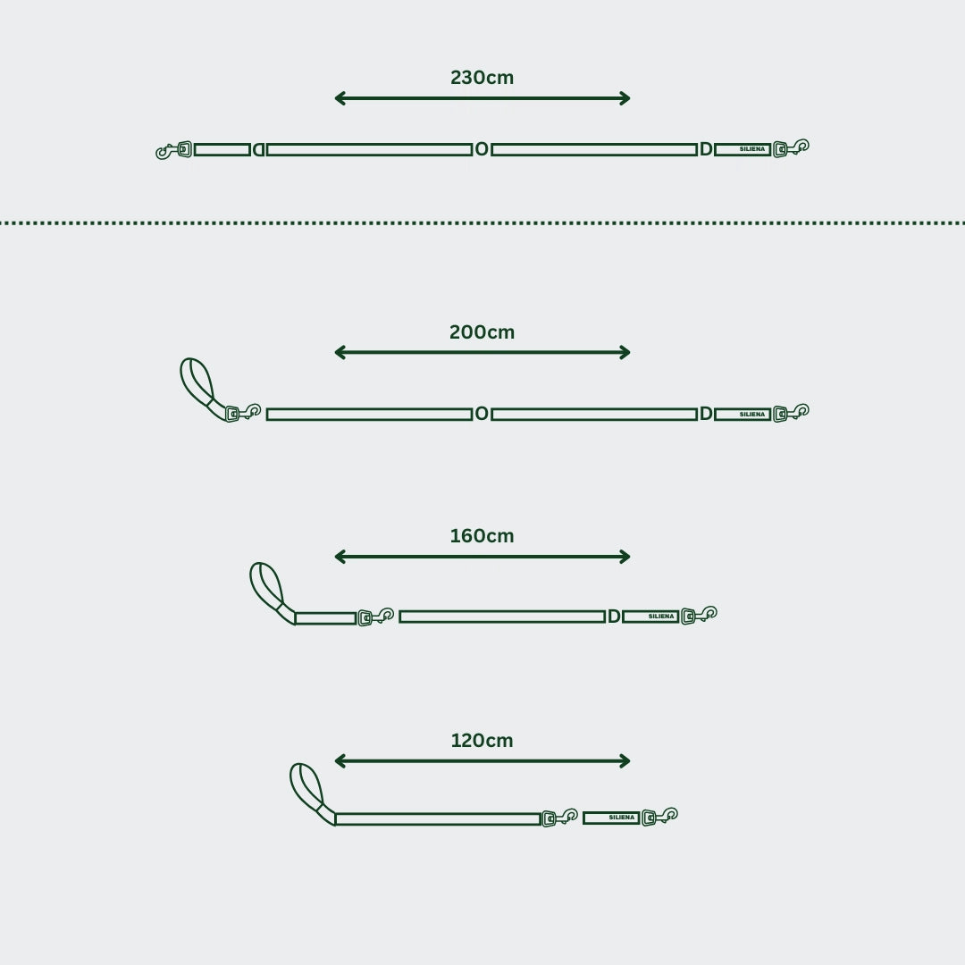 Illustration mit vier verschiedenen Längen einer Hundeleine: 230 cm, 200 cm, 160 cm und 120 cm. Jede Länge ist als stilisierte Leine mit Clips und Verstellpunkten dargestellt. Der Markenname SILIENA ist auf jeder Leine sichtbar.