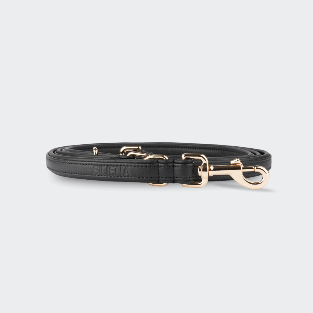 Aufgerollte schwarze Echtleder Hundeleine mit geprägtem SILENA Logo und goldenen Beschlägen.